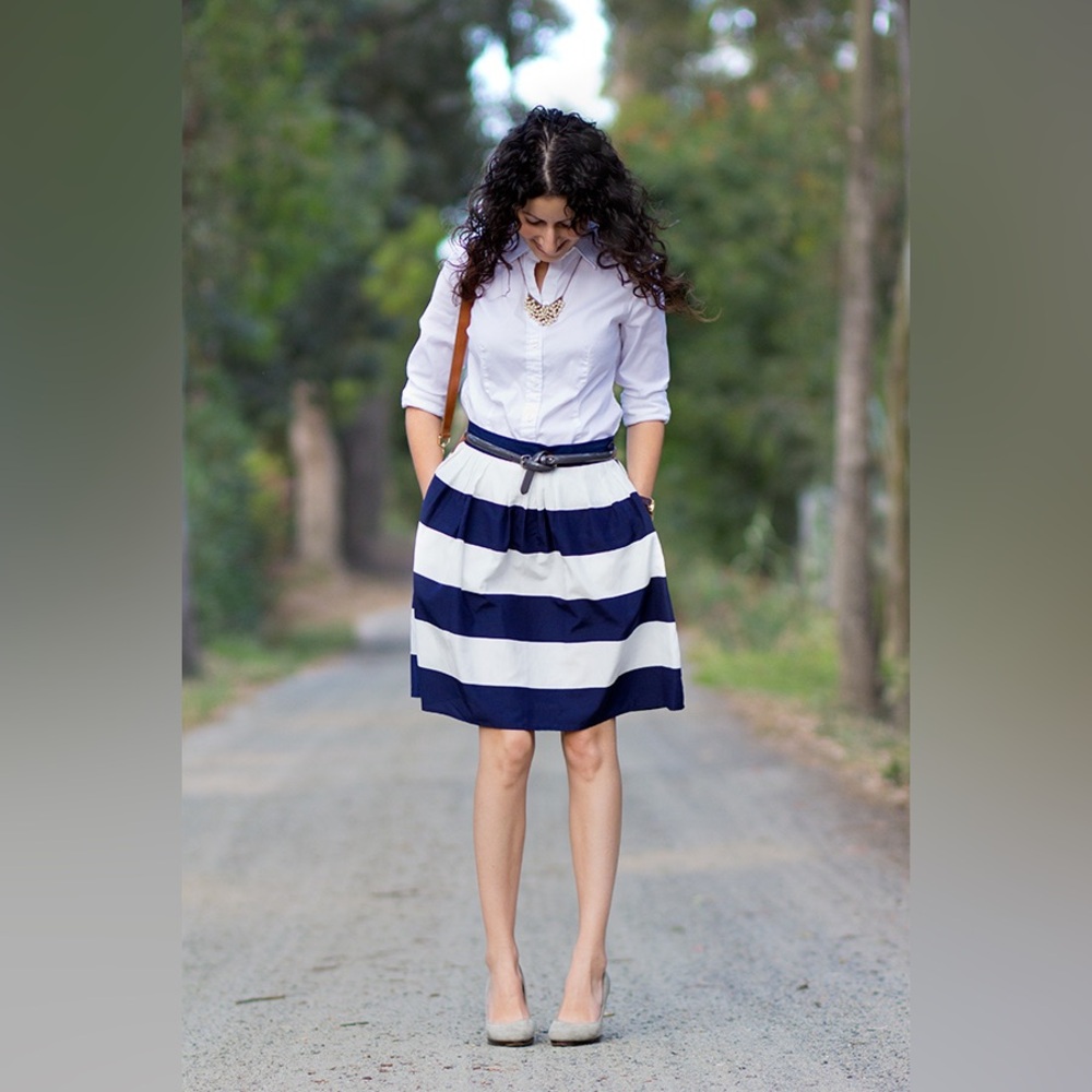 Pink Tartan Navy and White Striped Women's Skirt Cotton Silk Blend Sz 14